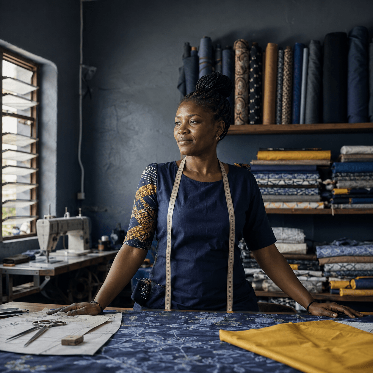 A tailor standing at the cutting table of her workshop